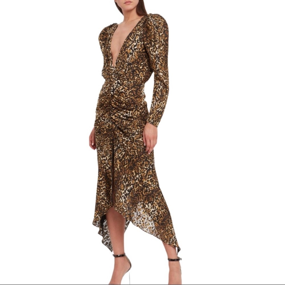 Ronny Kobo Anthropologie Astrid Sm Leopard Print Brown Black Ruched Sheath Midi